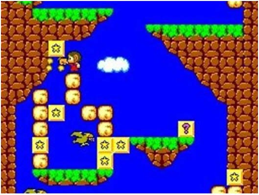 Alex Kidd destruindo rochas com sua super força