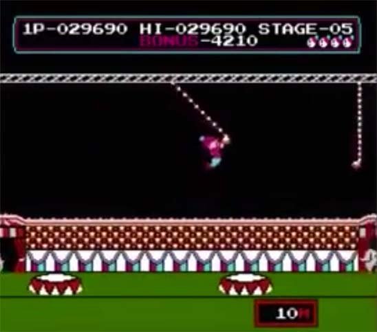 Cena da quinta fase de Circus Charlie para o Nintendo Famicom